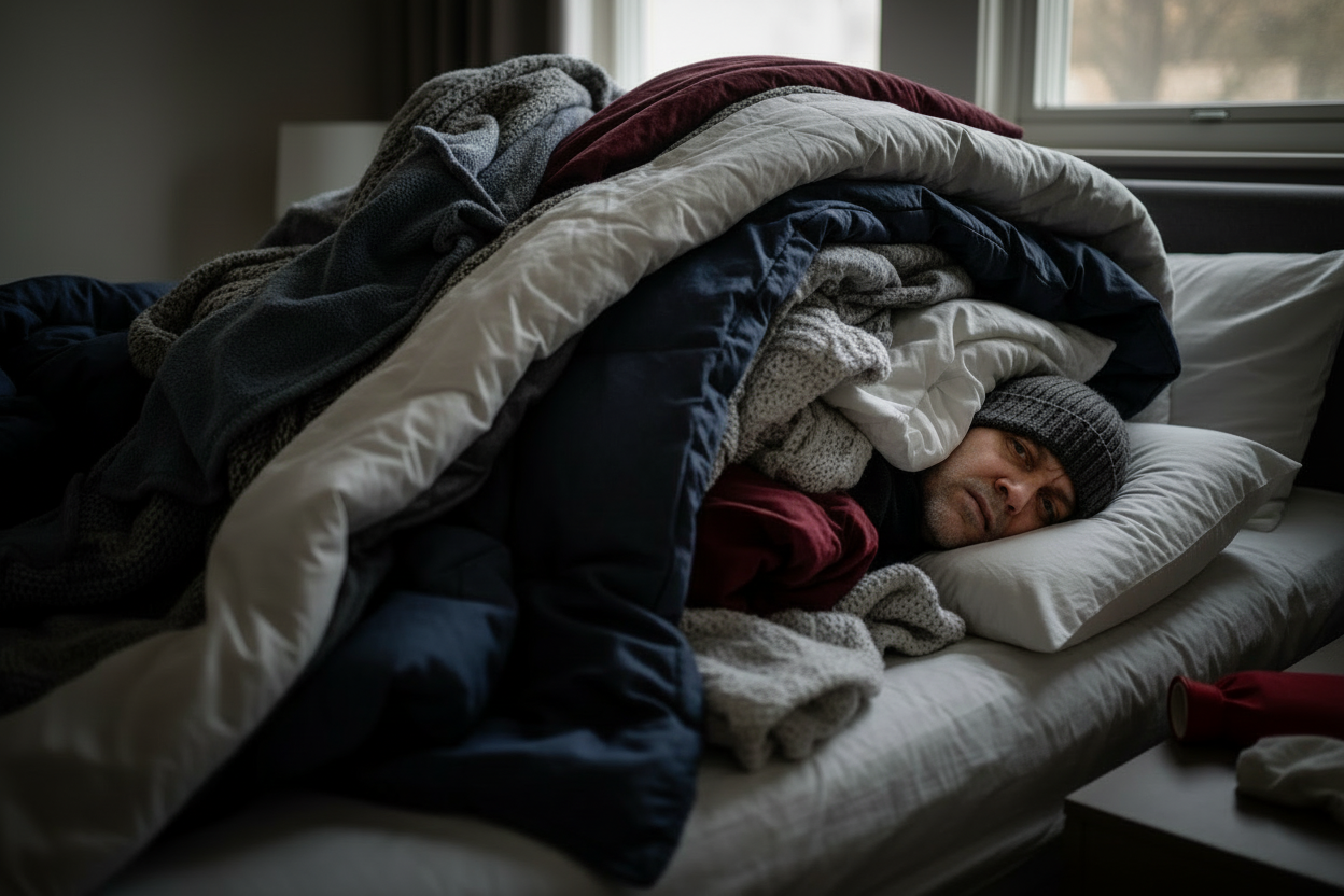 o, make it like a man laying down on the bed and cover up all blanket but still freezing